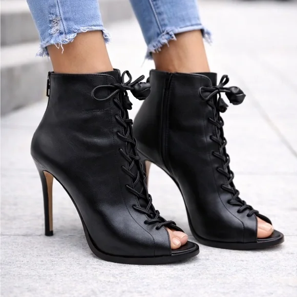 Coach Lena Black Lace-Up Peep-Toe Ankle Booties With Stiletto Heel Size 6B - Picture 1 of 16